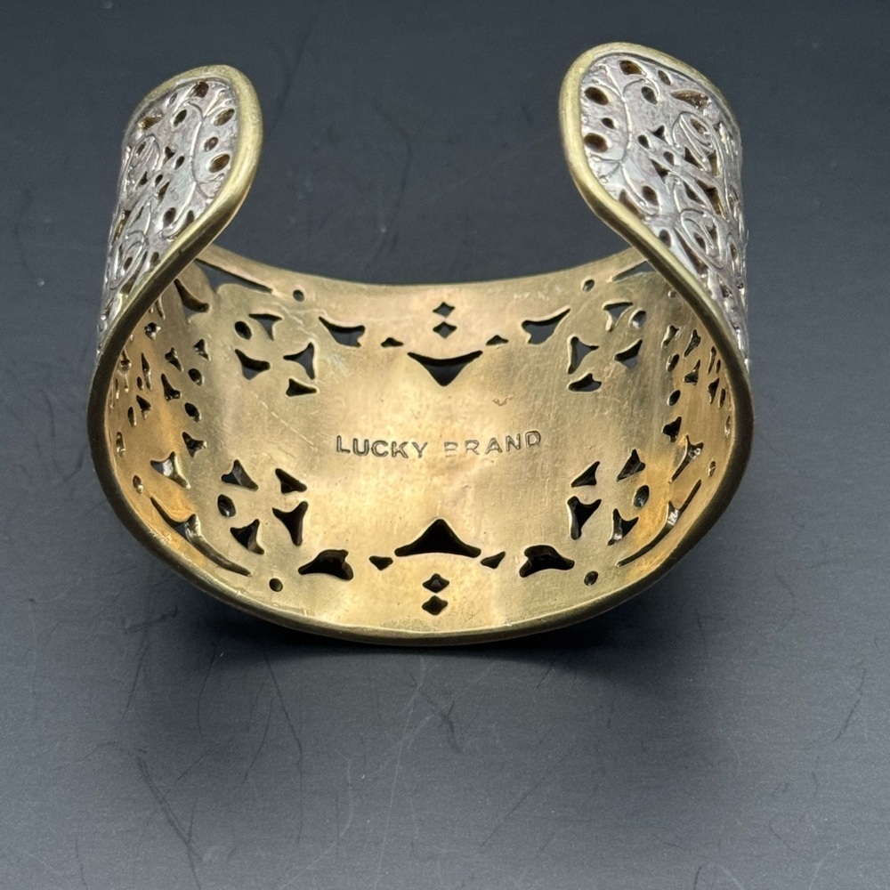 Lucky Brand two-tone turquoise blossom filigree cutout statement cuff bracelet. - Picture 3 of 4